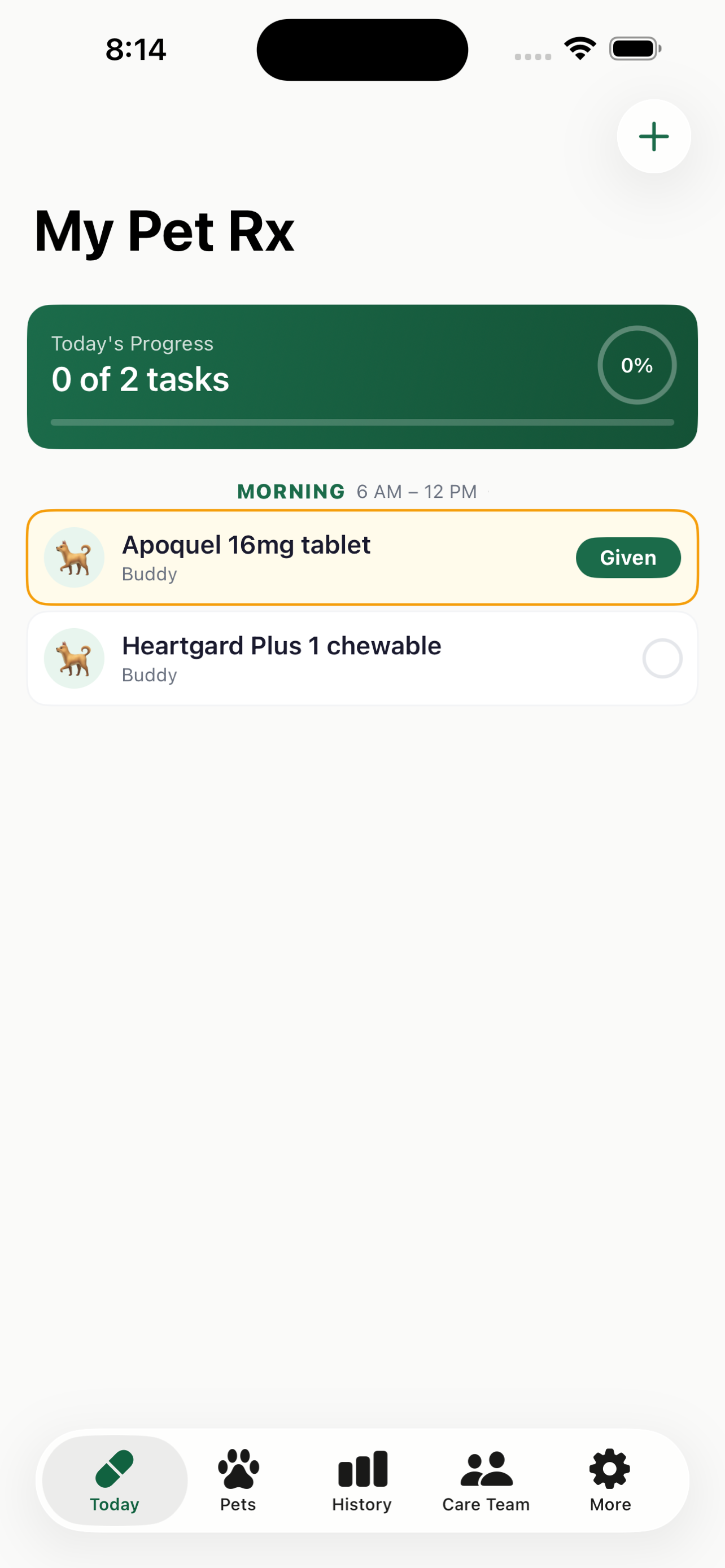 MyPetRx Today Dashboard showing medication tasks