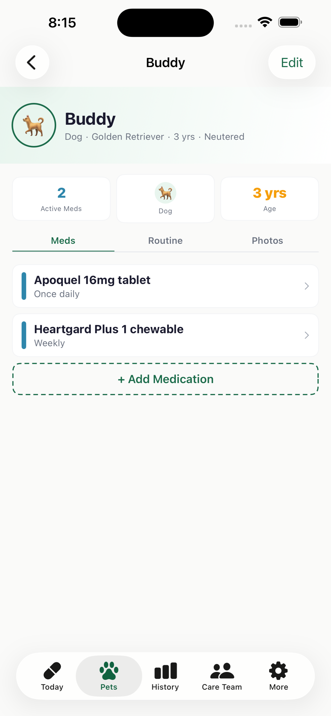 Pet profile with medications